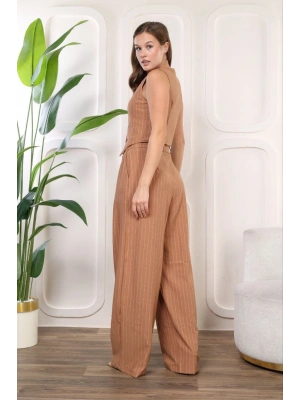 Bol Paça Pensli Pantolon Astarlo Kolsuz Yelek Takım Taba