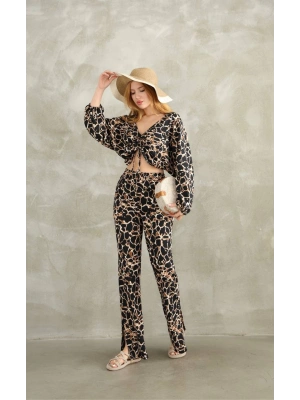 Bürümcük Kumaş Yırtmaçlı Cepli Pntolon Crop Takım