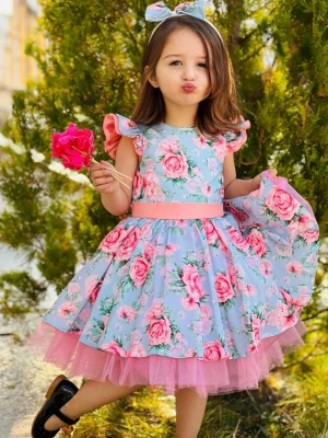 Çiçek Desenli Kız Çocuk Tüllü Kabarık Taç Hediyeli Elbise