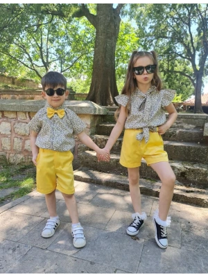 Erkek Çocuk Poplin Gömlek Papyon ve Şort Kombin