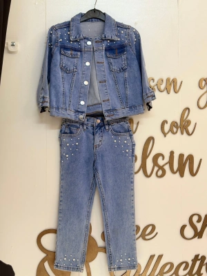 İnci Çakma Detaylı Kot Ceket-Pantolon Kız Çocuk Takım