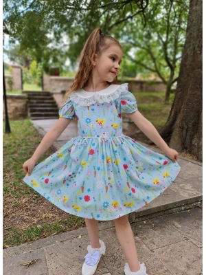 Kız Çocuk Desenli Tüllü Karpuz Kol Cepli Elbise