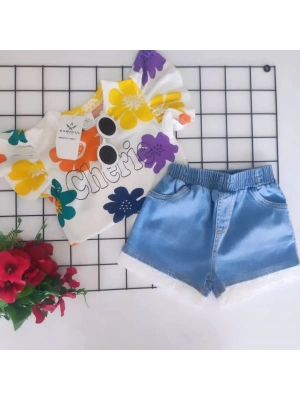Kız Çocuk Fırfırlı Yarım Kol Çiçek Desen Bluz Kot Şort