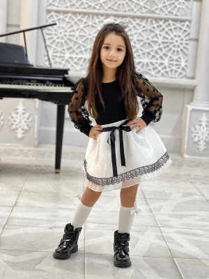 Kız Çocuk Kolları Dantel Bluz-Organze Kumaş Dantel Detaylı Kabarık Beyaz Etek