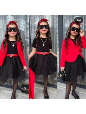 Kız Çocuk Mevsilmik Ceket Penye Bluz Tütü Etek Kemer Kombin