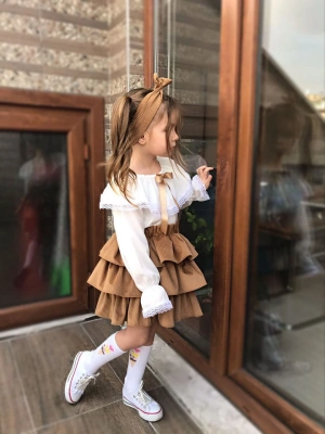 Kız Çocuk Uzun Kol Gömlek Fırfırlı Kadıfe Etek Bandana Takım