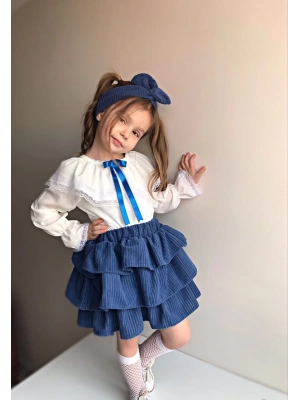 Kız Çocuk Uzun Kol Gömlek Fırfırlı Kadıfe Etek Bandana Takım Mavi