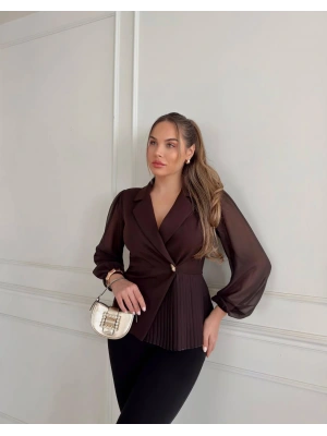 KURVAZE KESİM YANDAN PİLELİ ŞİFON KOLLU TEK DÜĞME GÖMLEK