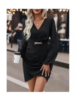 Kurvaze Yaka Uzun Kol Toka Detaylı Kadın Elbise