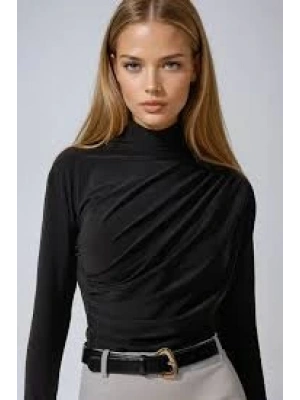 Sandy Yanları Büzgülü Balıkçı Yaka Bluz Siyah