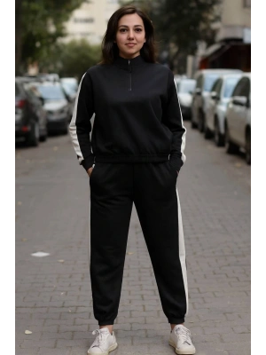 ŞERİT DETAYLI YARIM FERMUAR BALIKÇI YAKA MANŞET AYARLI LASTİKLİ MODAL TAKIM