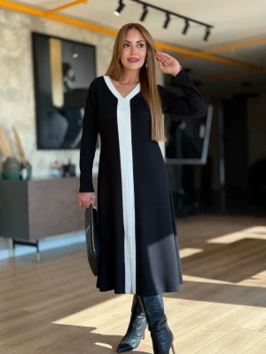 V YAKA GARNİLİ MODAL KUMAŞ ELBİSE