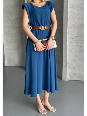 Vatkalı Aerobin Kumaş Cepli Kemerli Elbise İndigo