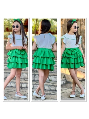 Yeşil Fırfırlı Etek Şal Yaka Gömlek Bandana Kız Çocuk Takım