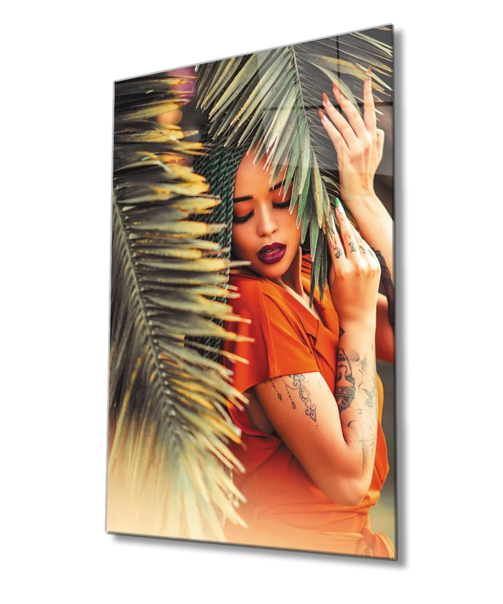 Glass Painting of Woman with Afro Hair Among Palm Trees