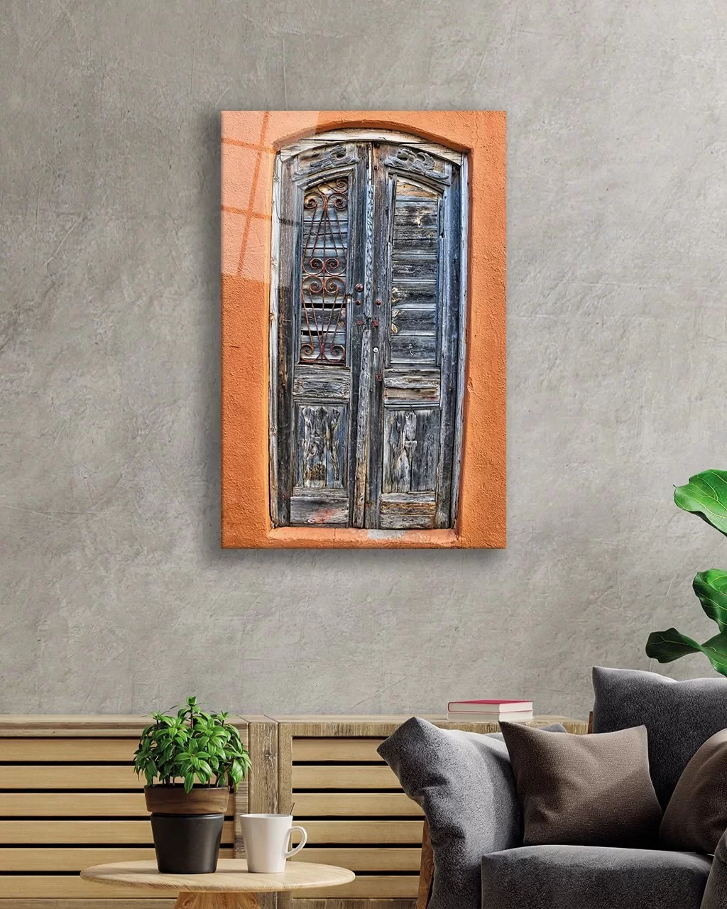 Glass Painting with Wooden Old Door Image