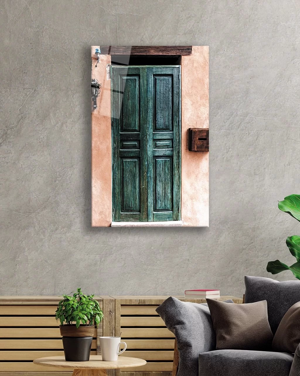 Glass Painting with Wooden Old Door Image