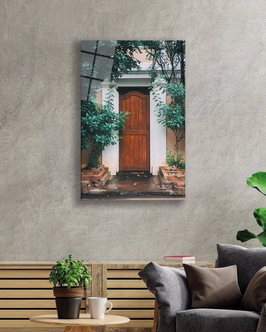 Glass Painting with Wooden Door Image