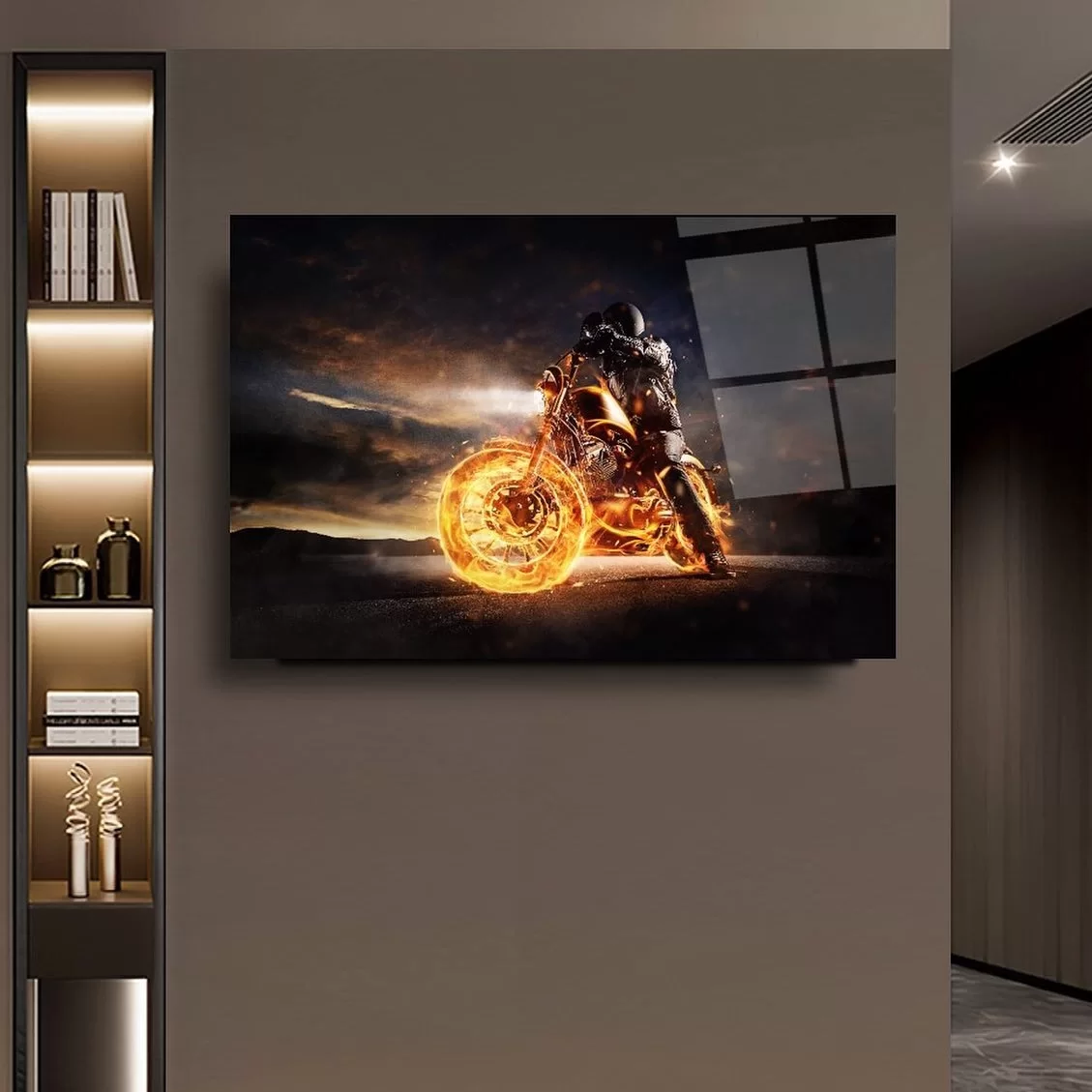 Flame and Motorcycle Artistic Glass Painting