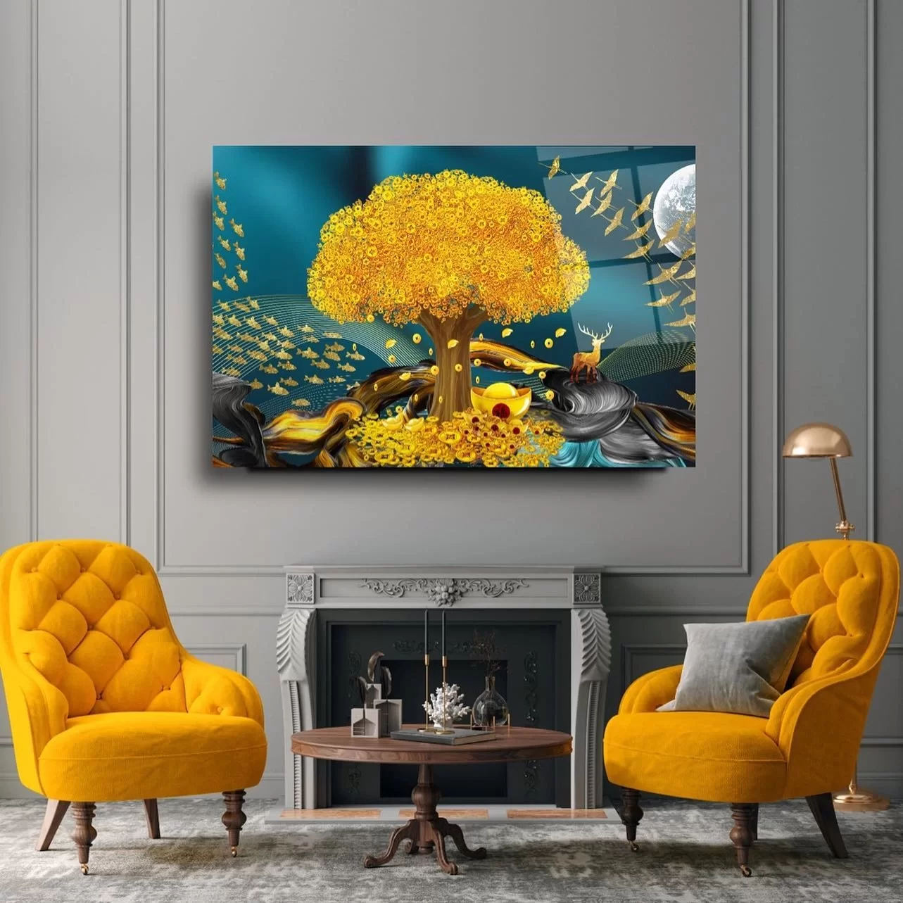 Golden Tree Fish and Birds Artistic Glass Painting