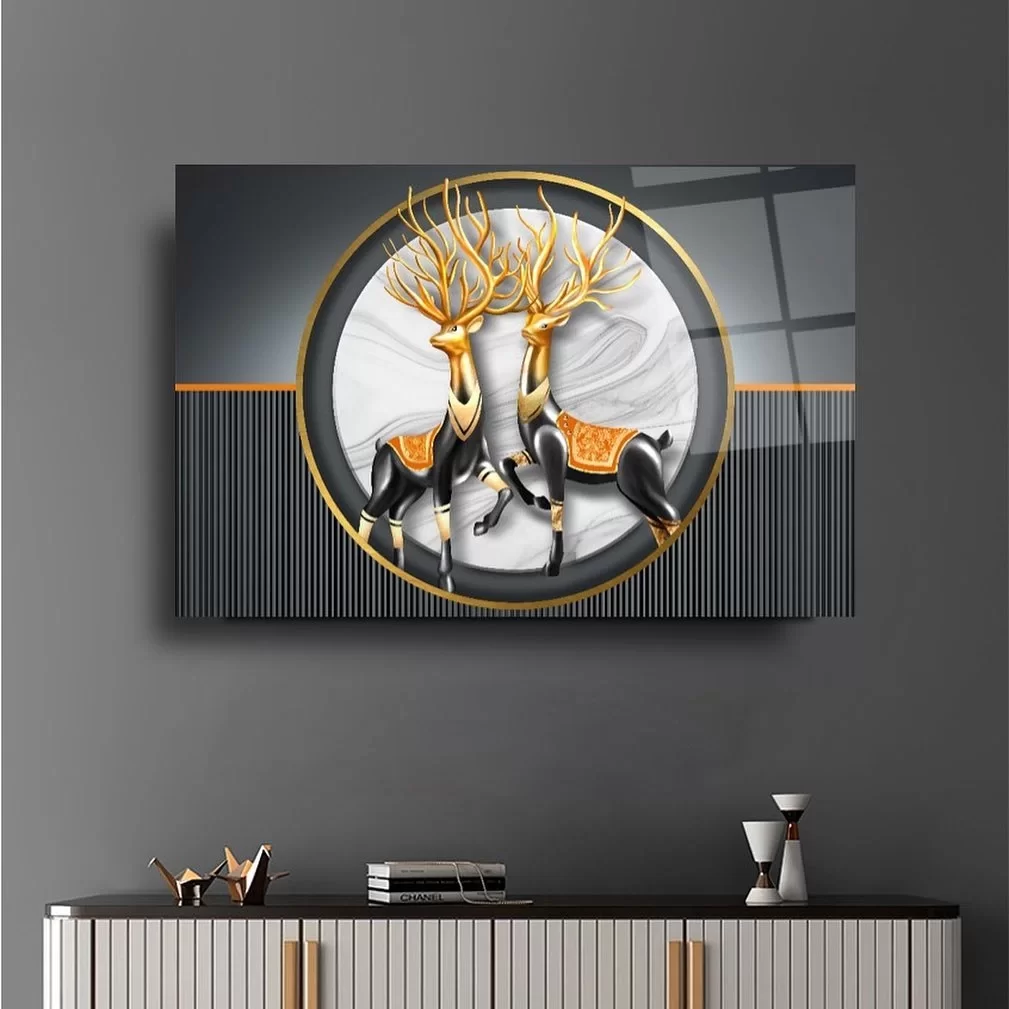 Deers with Golden Horns Artistic Glass Painting