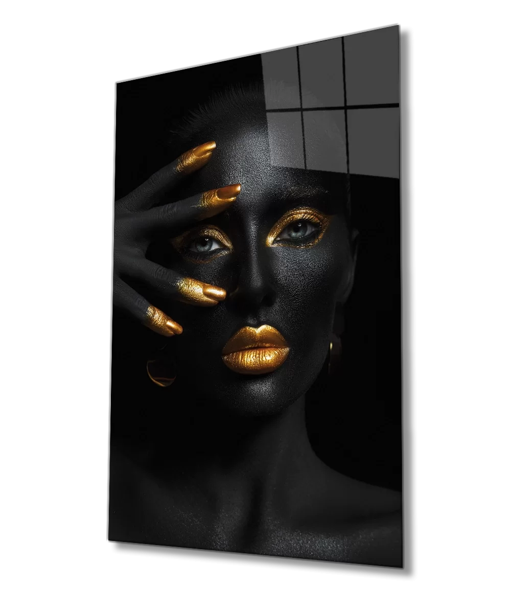 Glass Painting of African Woman with Gold Lips and Eye Makeup