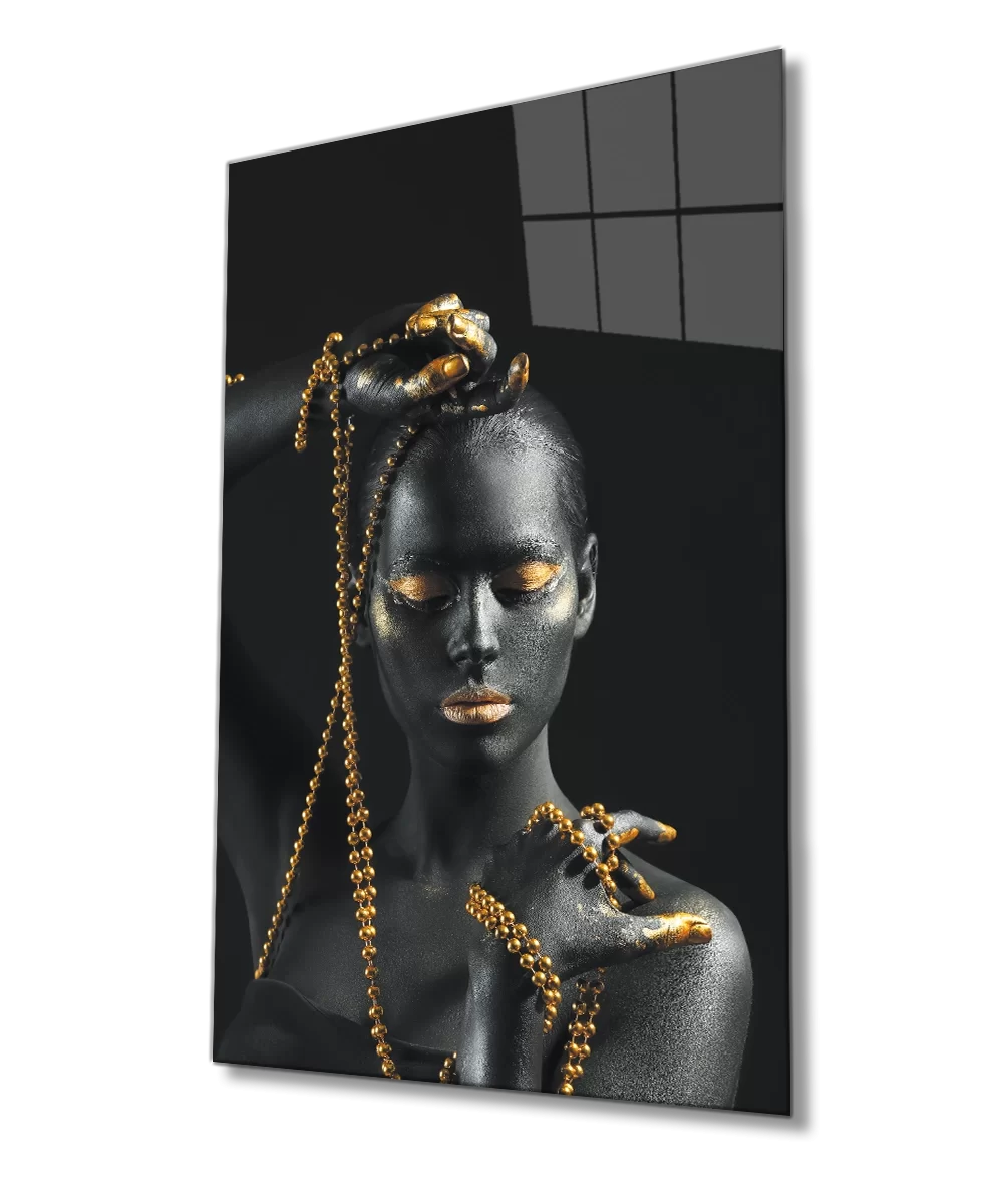 Glass Painting of African Woman with Gold Lips and Eye Makeup