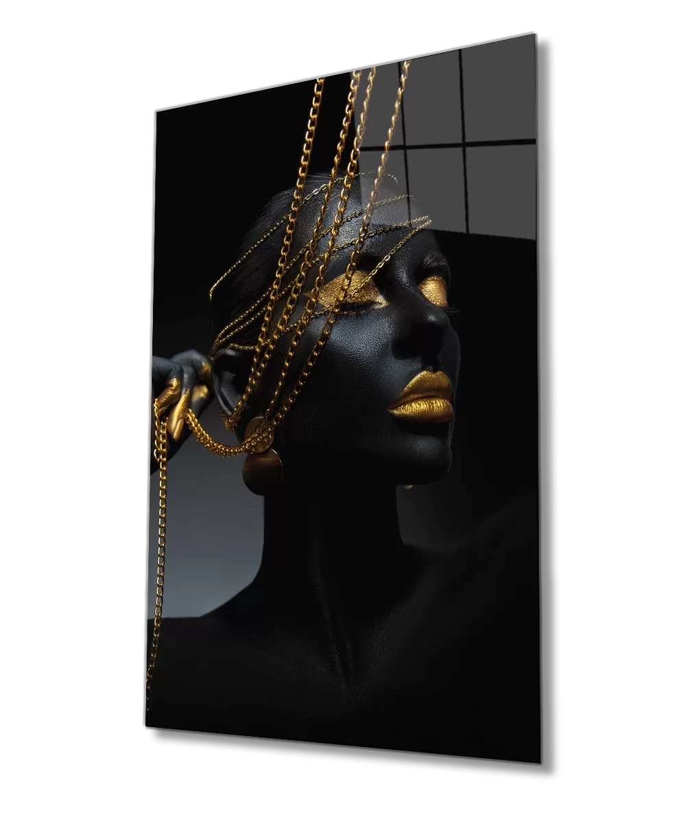 Glass Painting of African Woman with Gold Lips and Eye Makeup