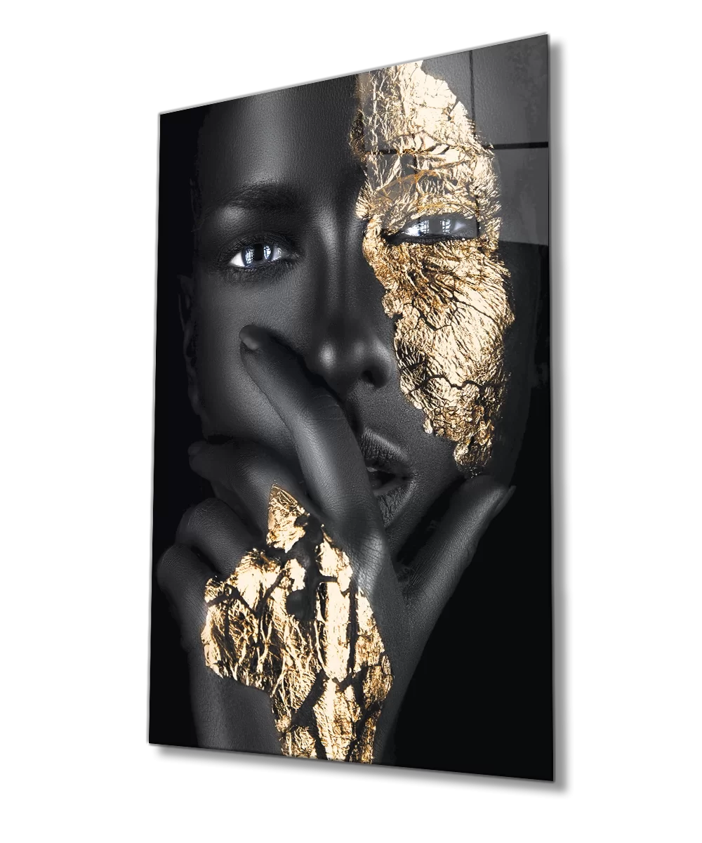 Glass Painting of African Woman with Gold Lips and Eye Makeup