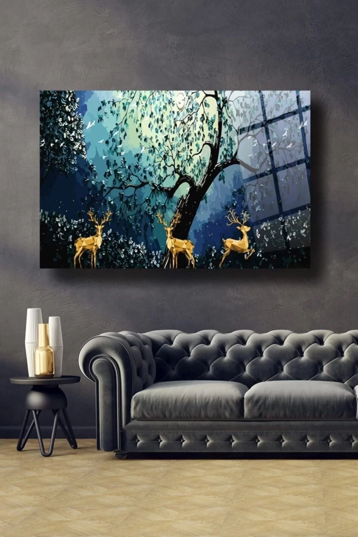 Golden Deers Glass Painting Wall Decoration, Home Decoration, Wall Painting, Home Gift