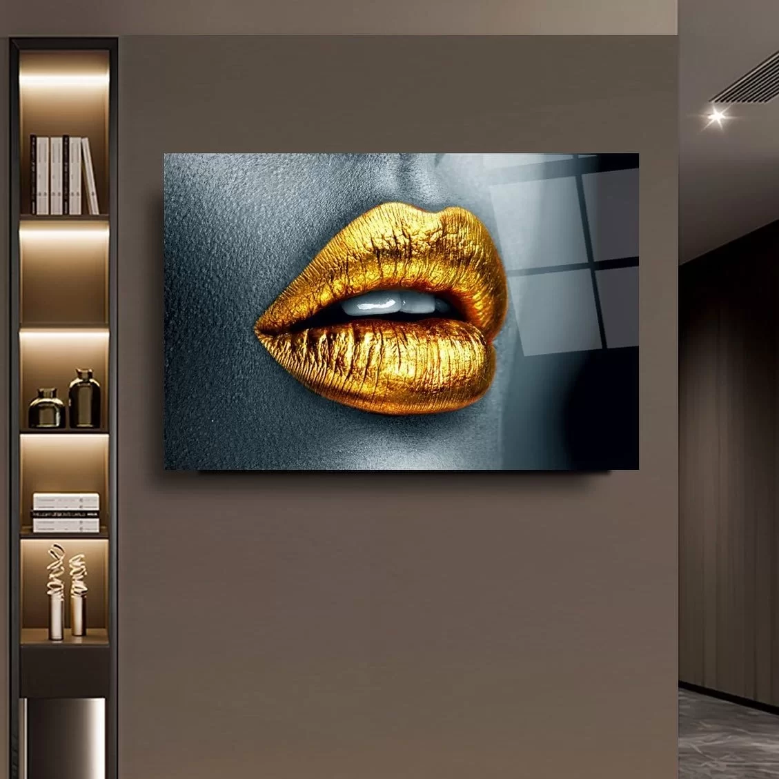 Lip with Golden Lipstick Artistic Glass Painting