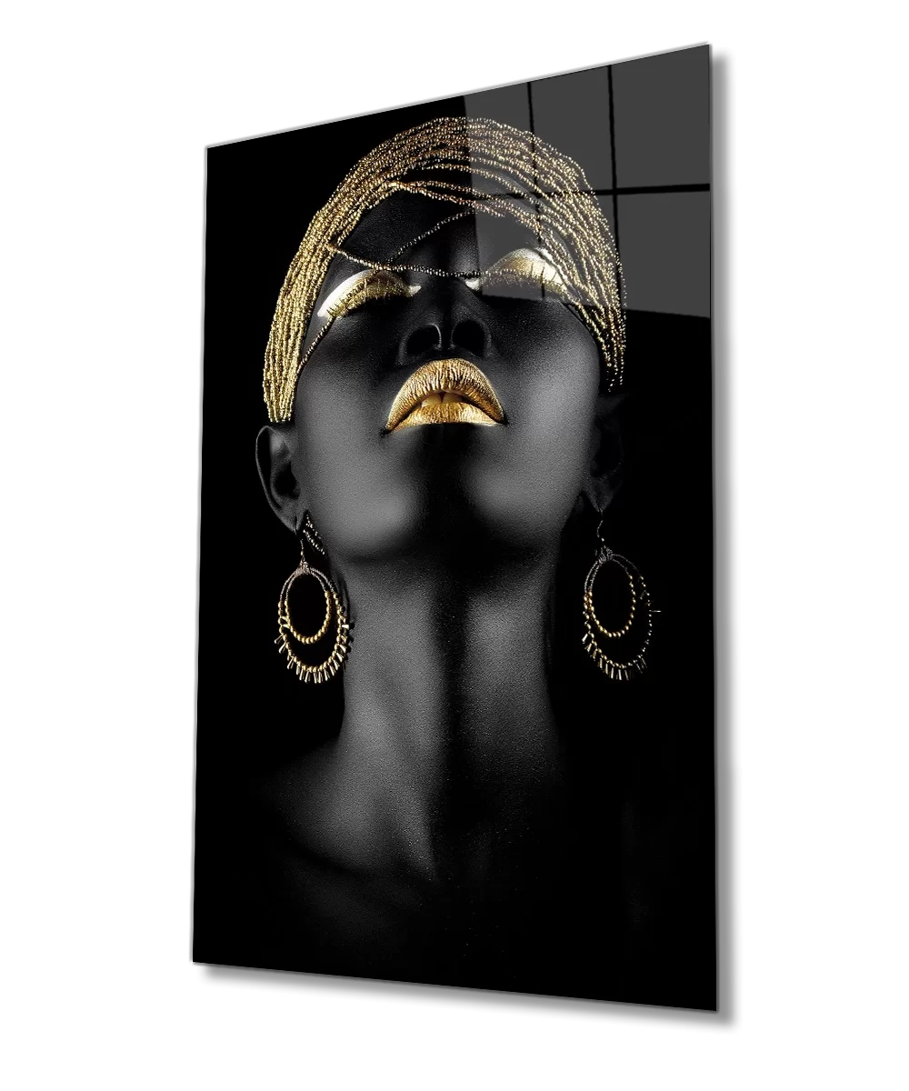 African Woman with Golden Hair, Lips and Eye Makeup, Glass Painting