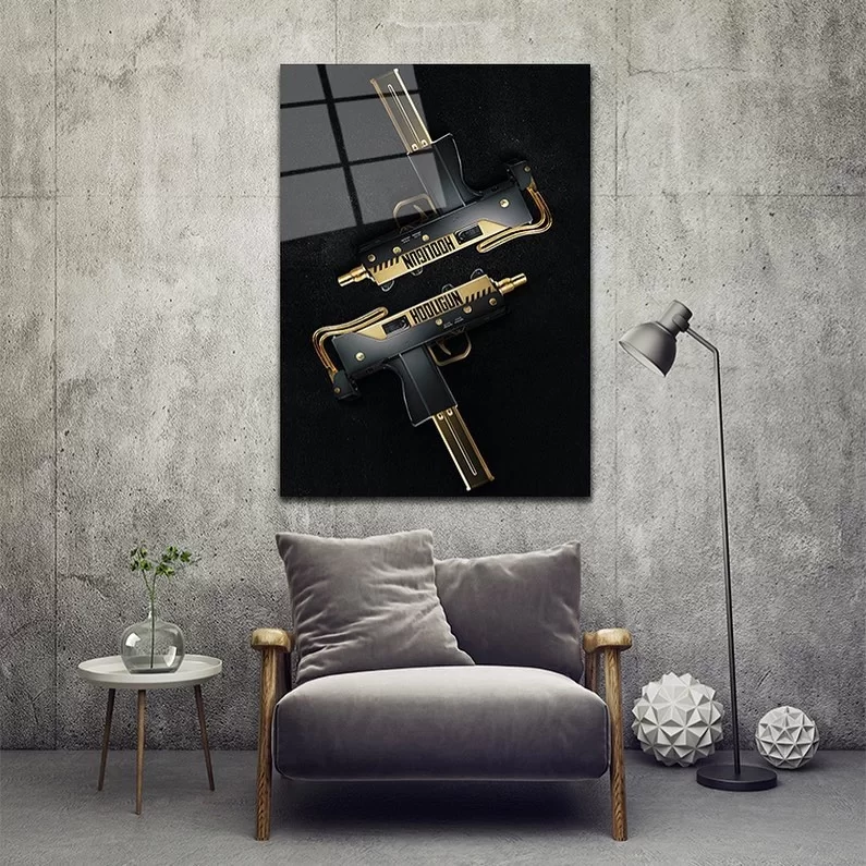 Gold Uzi Glass Painting