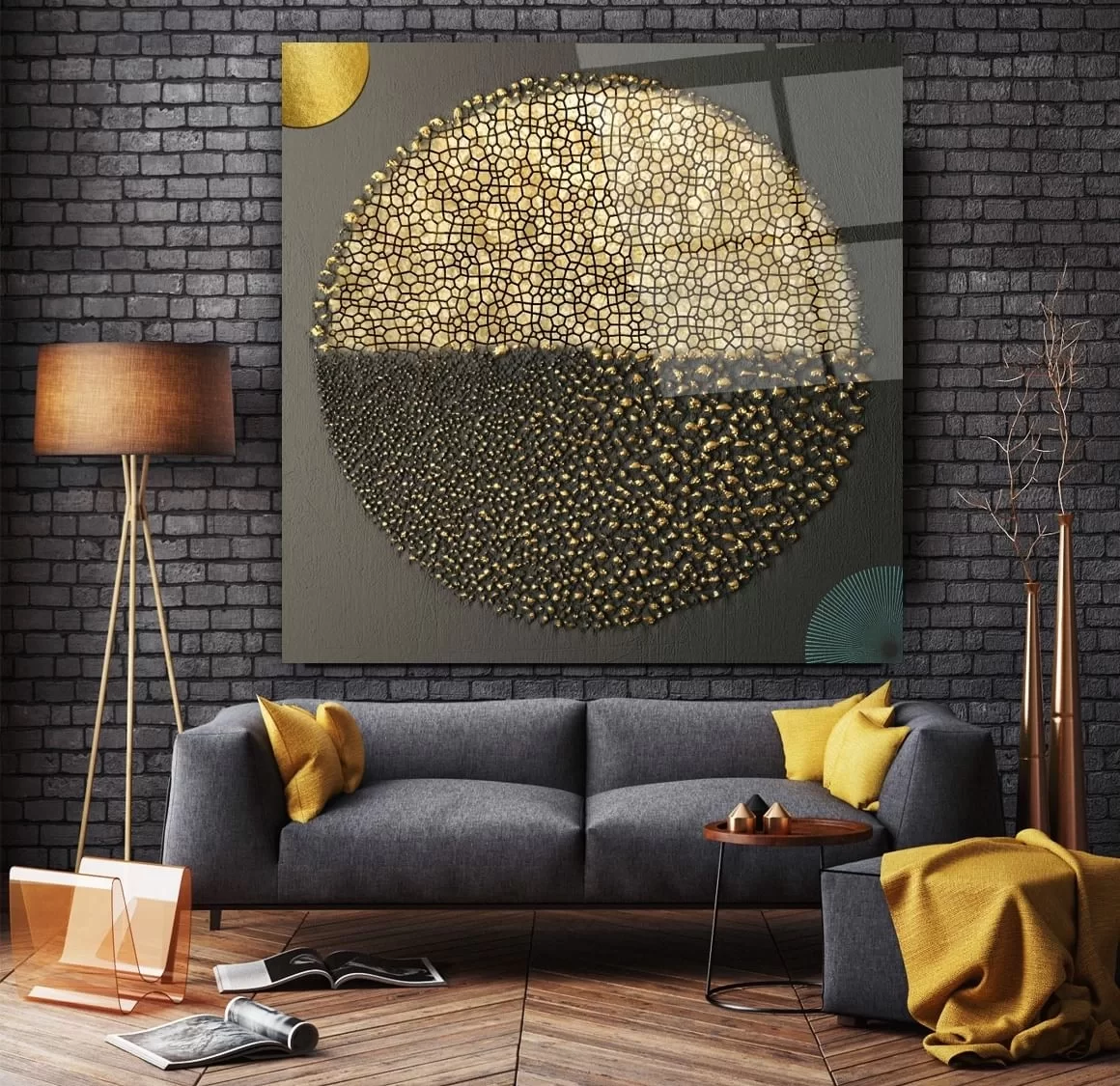 Artistic Glass Painting with Gold and Dark Mosaic Pattern