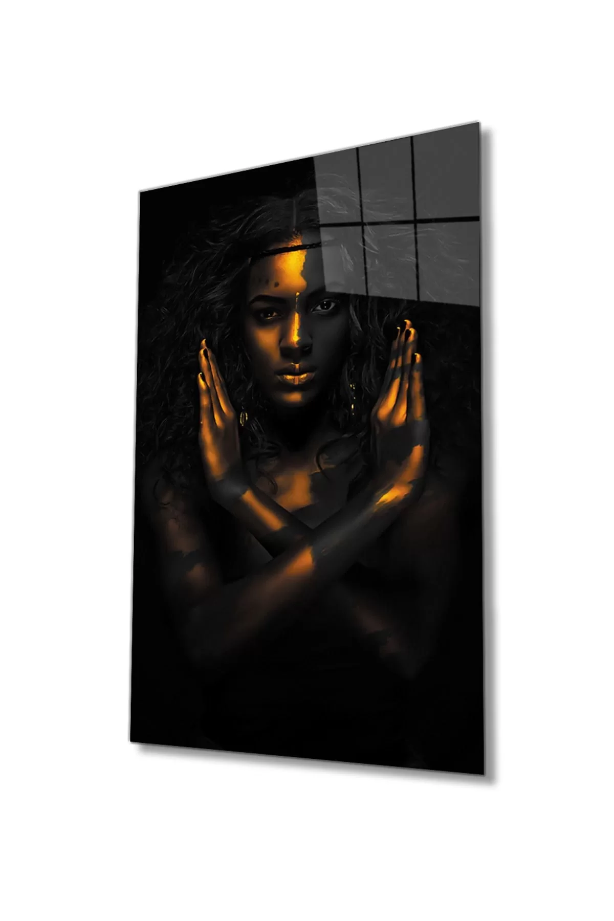 African Woman Glass Painting in Gold and Black Color, Durable Glass