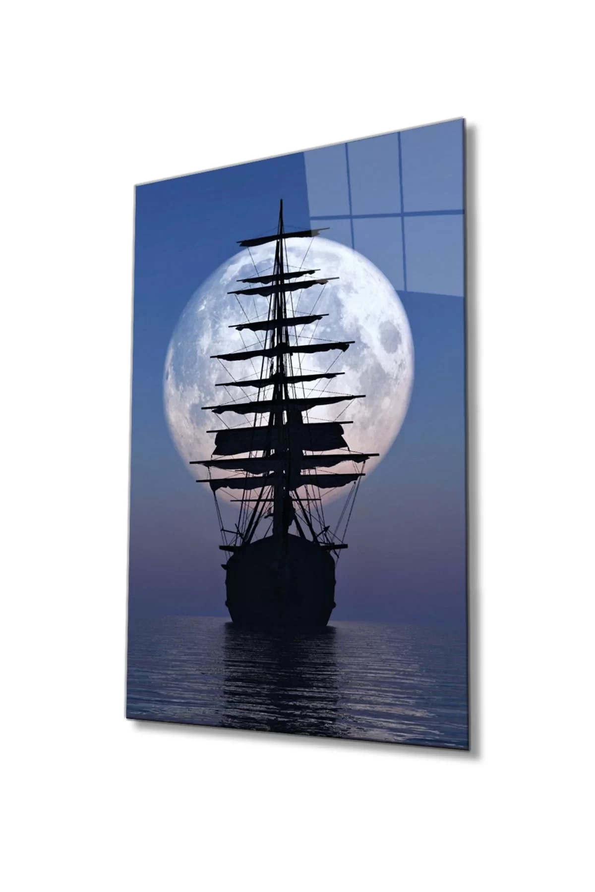 Moon Night Sailing Ship Glass Painting, Home And Office Wall Decor Large Painting Durable Glass