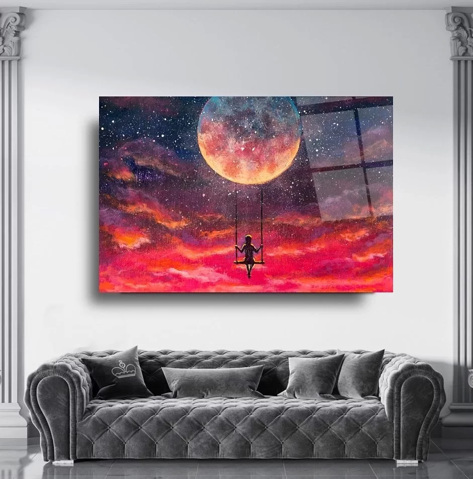 Artistic Glass Painting of Woman on a Swing on the Moon