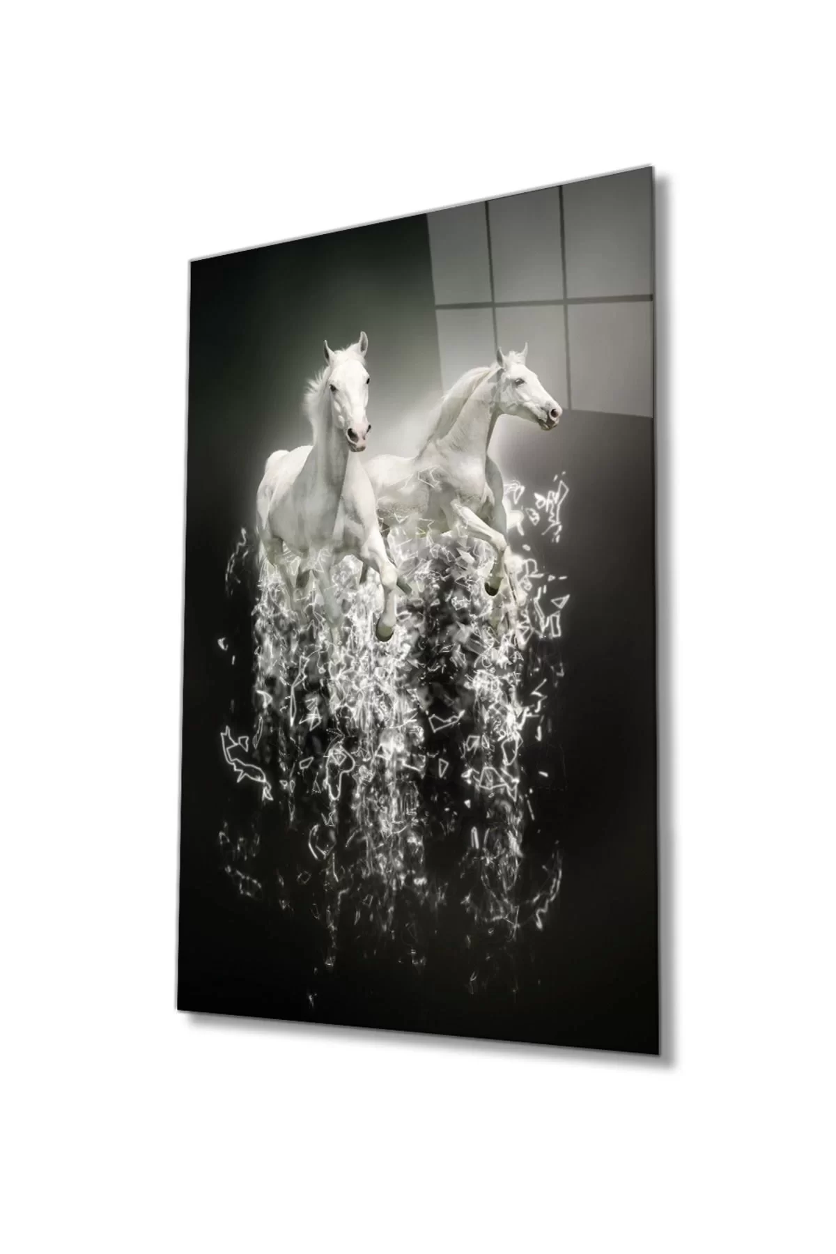 White Horses Animal Glass Painting, Home And Office Wall Decoration