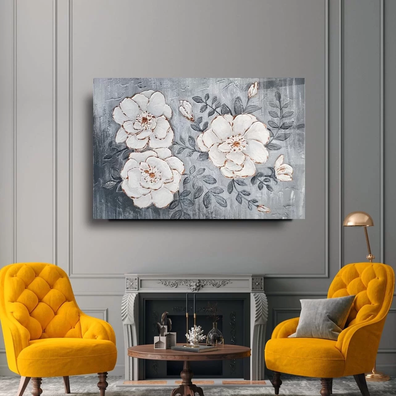 White Flower silver Leaf Artistic Glass Painting