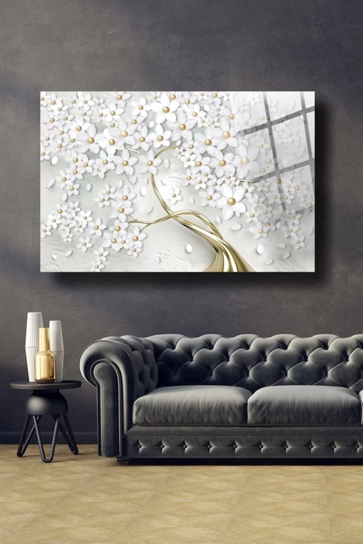 White Flowering Tree Glass Painting Wall Decoration