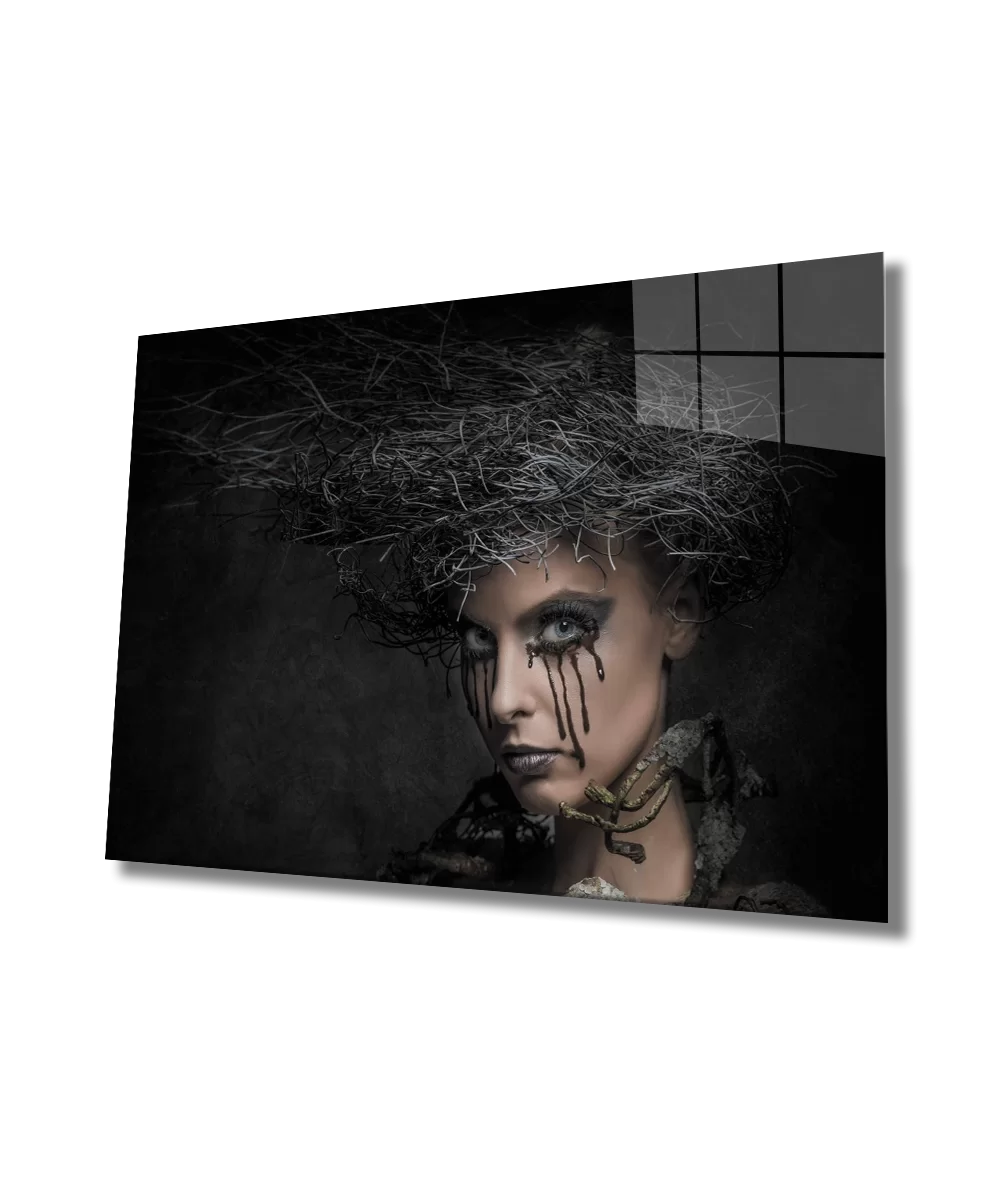 Bushy Hair Woman Flowing Black Eye Makeup Glass Painting