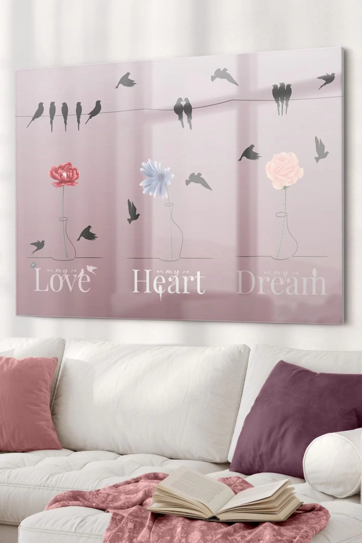 Flowers And Birds Love Heart Dream| Animal Themed Glass Painting | 50x70cm