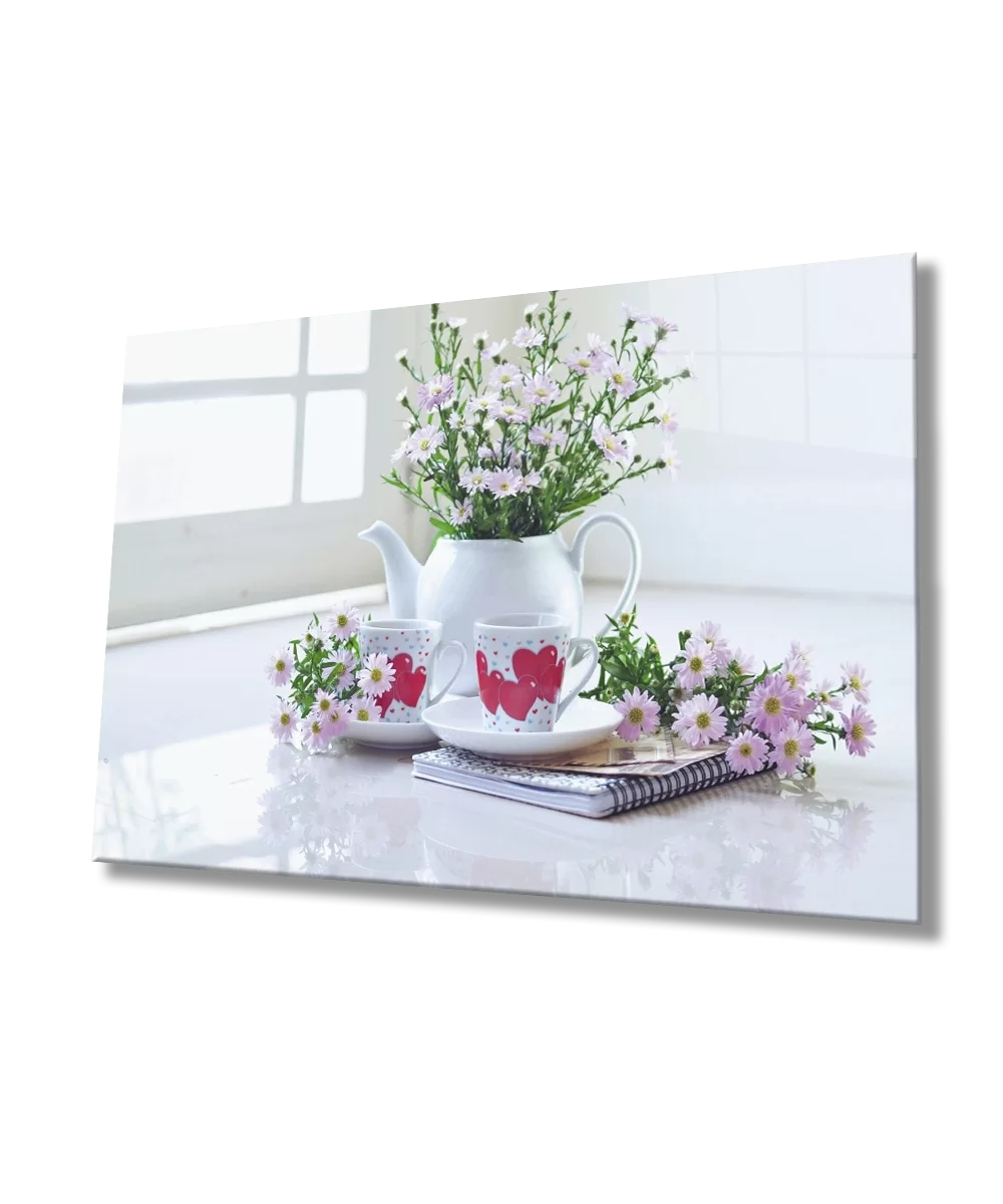 Flowers Heart Cups Kitchen Glass Table