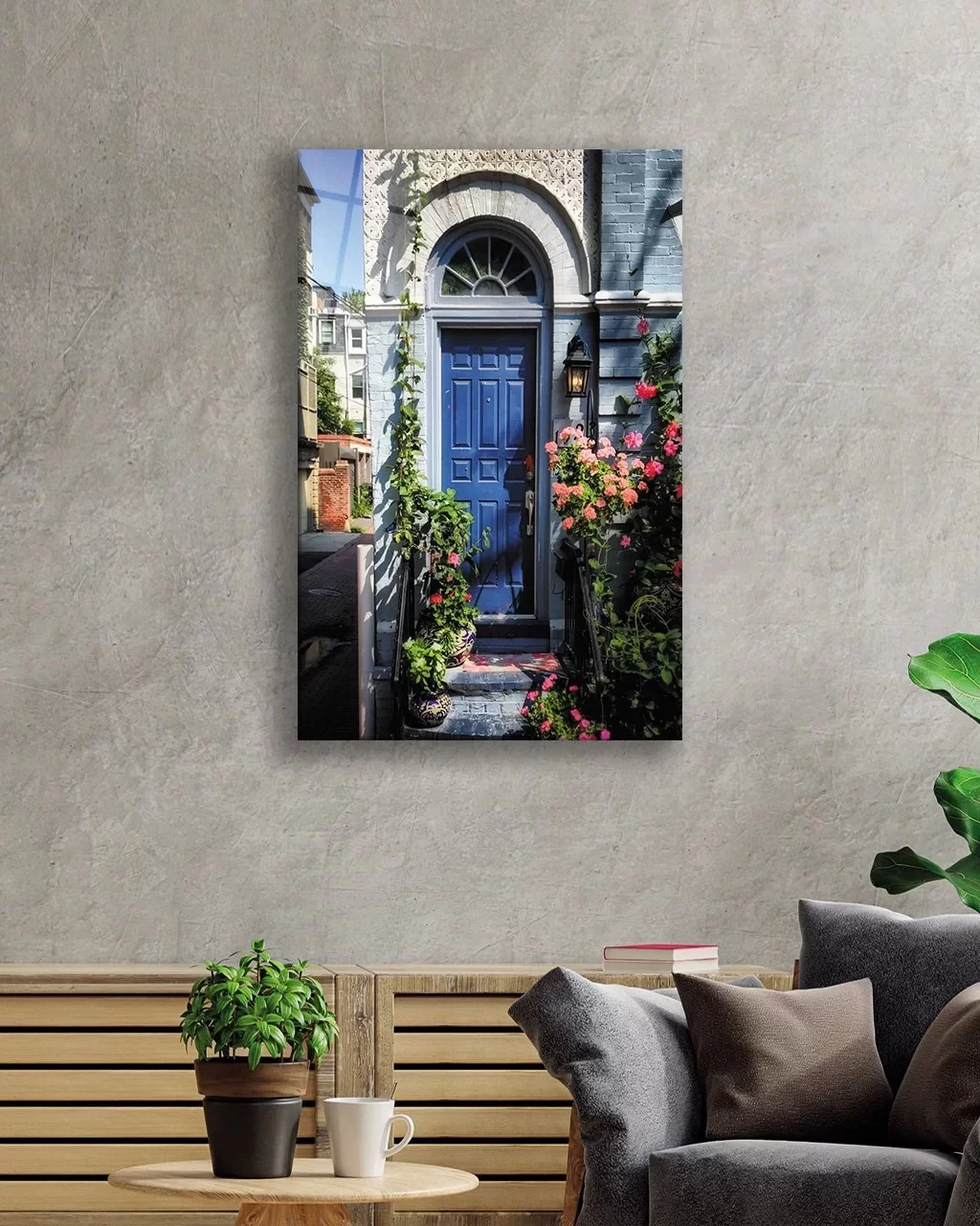 Vertical Glass Painting with Flowers and Blue Arched Door Image