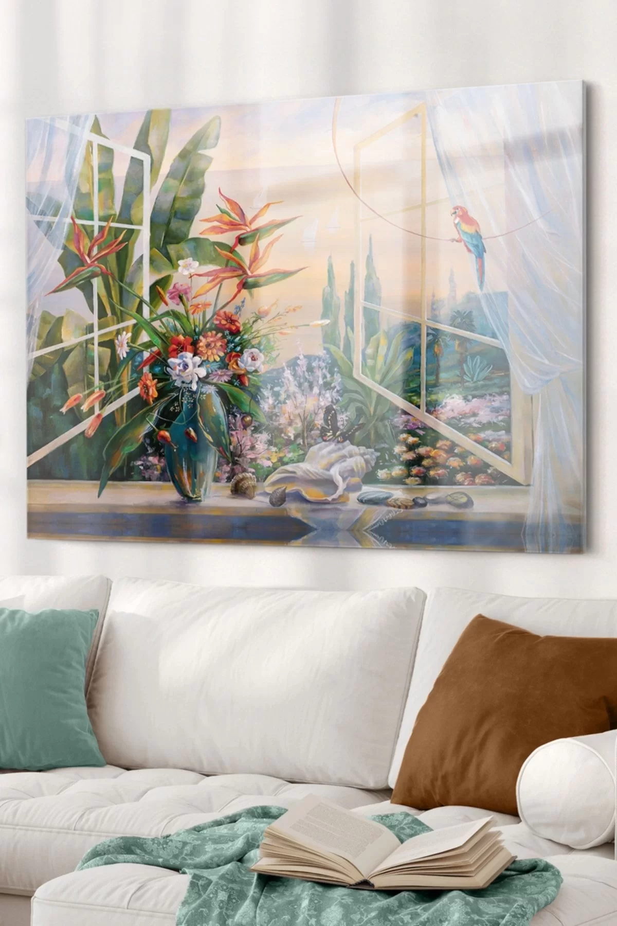 Vase with Flowers and Nature Scenery | Landscape Themed Glass Painting | 50x70cm