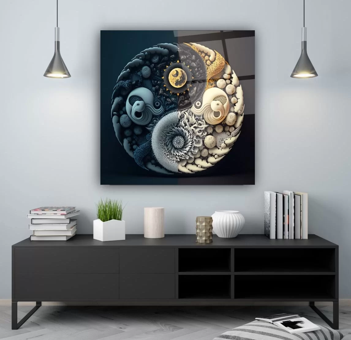 Sea Shell and Blue Balance Sign Artistic Glass Painting