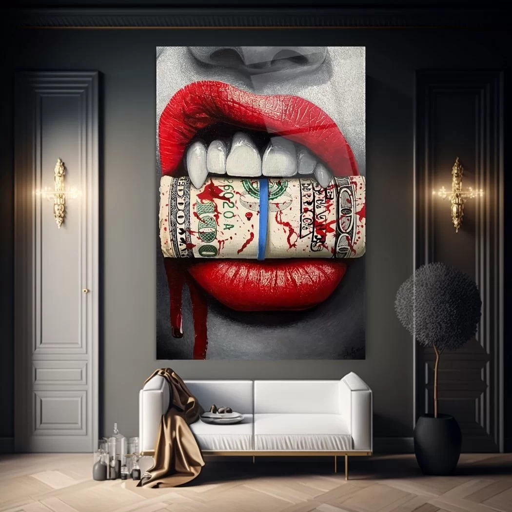 Dollar Between Lips Artistic Glass Painting