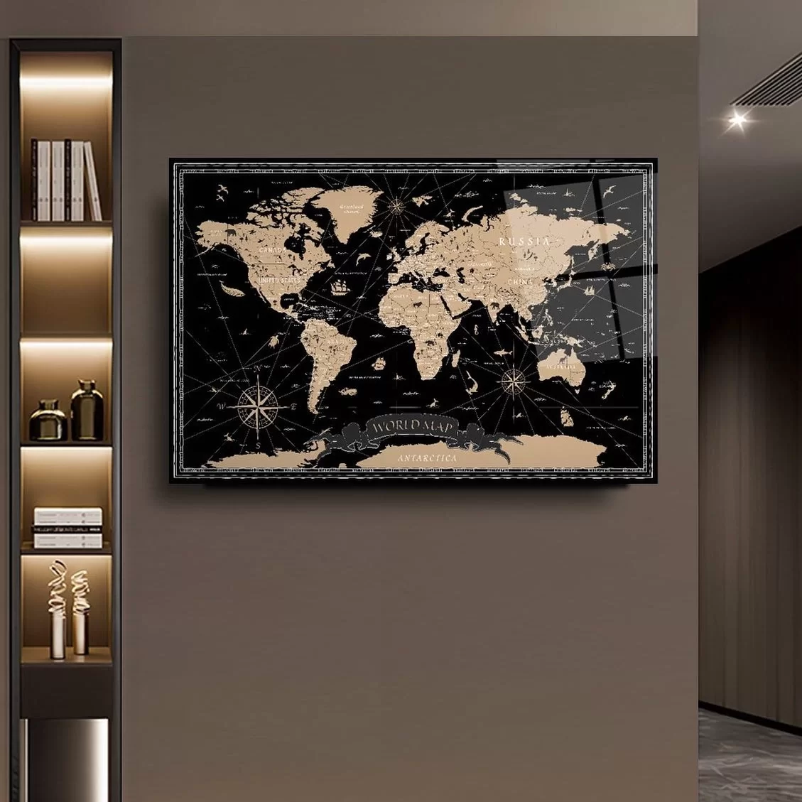 World Map Compass Artistic Glass Painting