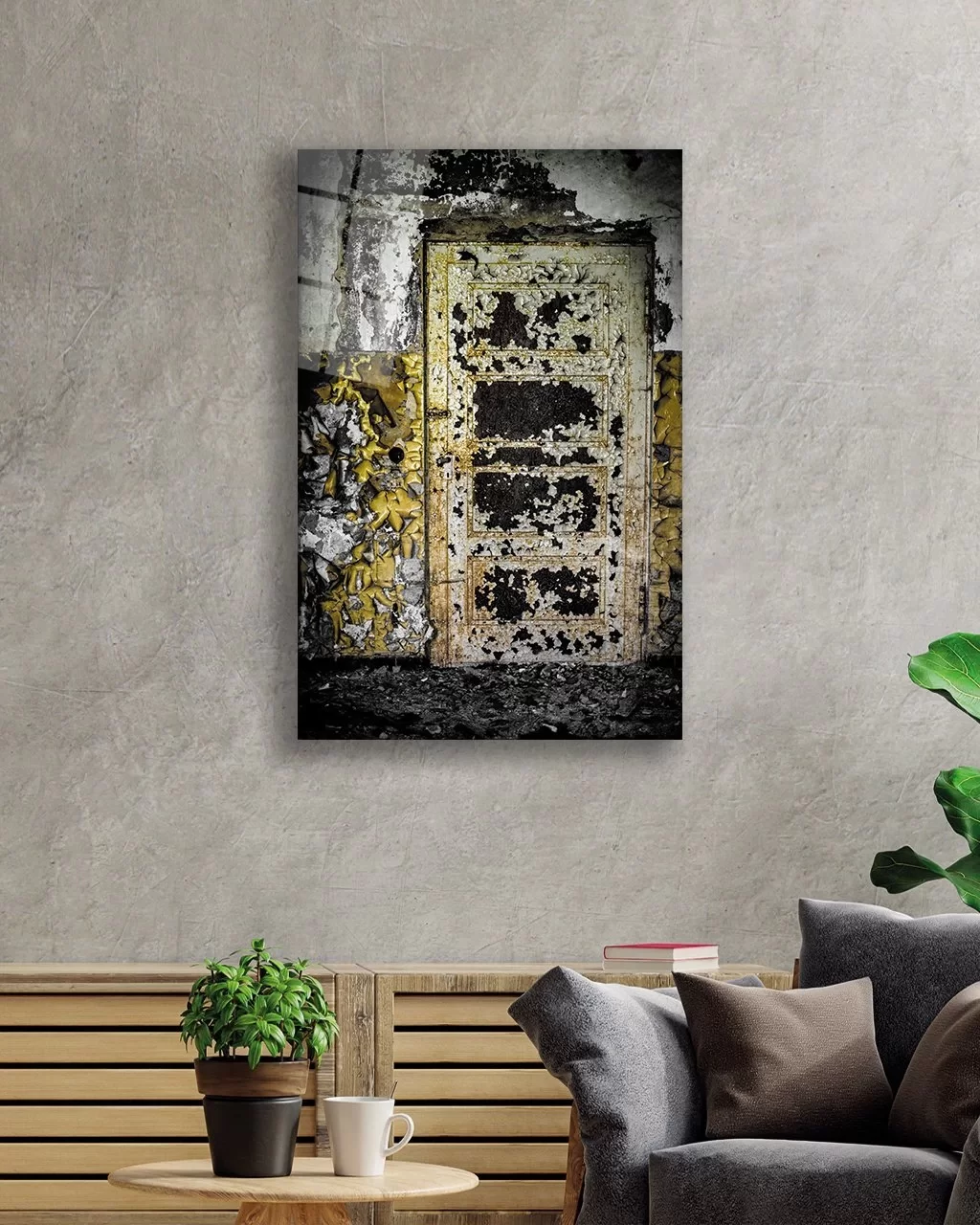 Vertical Glass Painting with Old Door Image