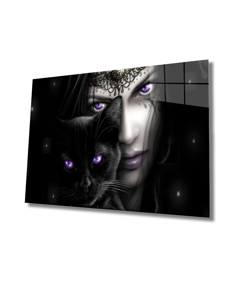 Fantasy Woman Black Cat Purple Eyes Glass Painting